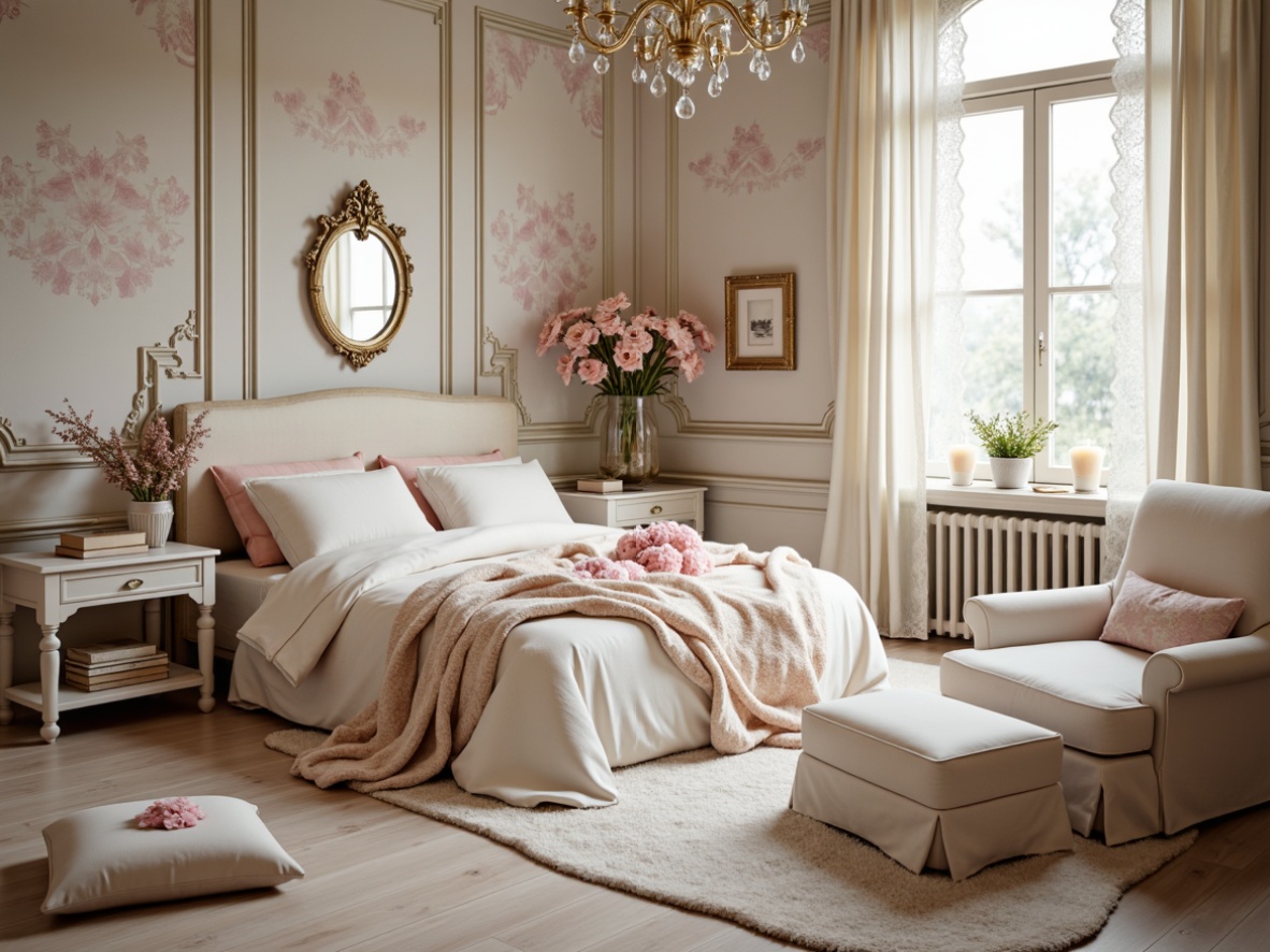 Prompt: Soft, feminine boudoir, distressed finishes, vintage decor, pastel hues, pale pink roses, creamy whites, weathered wood accents, lace trim, ornate mirrors, elegant chandeliers, subtle sheen, warm candlelight, 1/1 composition, shallow depth of field, dreamy atmosphere, gentle color gradation.