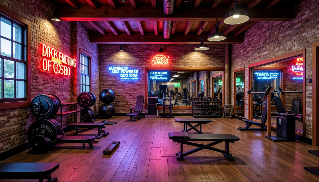 Prompt: Vibrant home gym, eclectic equipment arrangement, bold color scheme, distressed wood accents, industrial metal frames, abstract artwork, dynamic lighting effects, neon signs, urban loft atmosphere, reclaimed wood flooring, exposed brick walls, motivational quotes, free weights, exercise machines, mirrored walls, rubber flooring, modern minimalism, 1/1 composition, dramatic shadows, high contrast lighting, realistic textures.