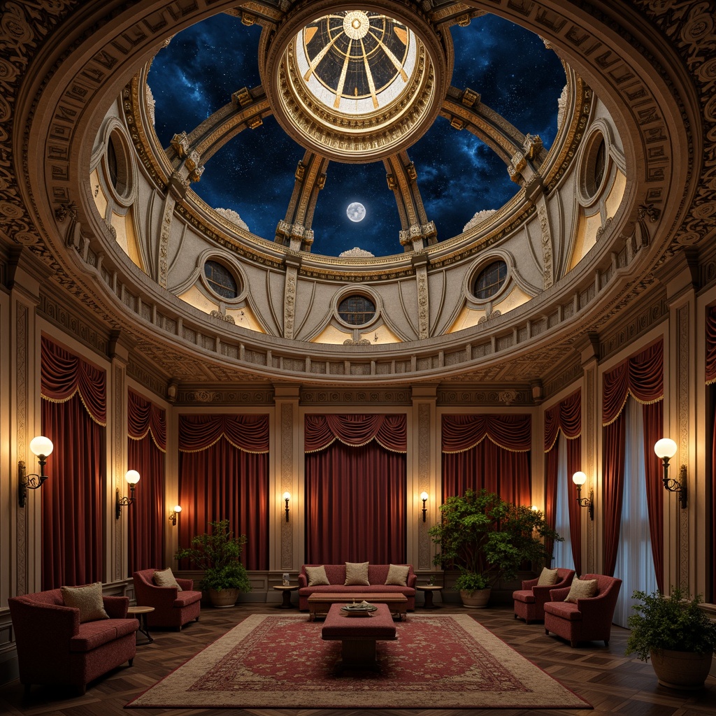 Prompt: Ornate planetarium dome, textured Victorian-style walls, intricate stucco details, ornamental moldings, gilded accents, celestial map projections, starry night sky, dimly lit ambiance, velvet drapes, luxurious furnishings, polished wooden floors, ornate chandeliers, subtle warm lighting, shallow depth of field, 1/1 composition, realistic textures, ambient occlusion.