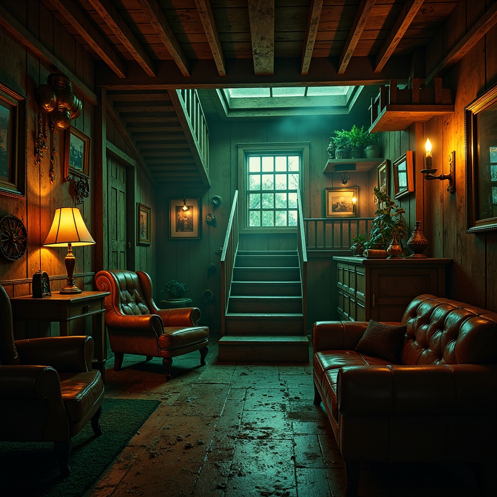 Prompt: Mysterious boathouse interior, dark wood accents, vintage nautical artifacts, worn leather furniture, ornate metal fixtures, distressed stone walls, flickering candlelight, rich emerald greens, deep navy blues, warm golden yellows, soft crimson reds, misty atmospheric lighting, shallow depth of field, 1/1 composition, cinematic view, realistic textures, ambient occlusion.