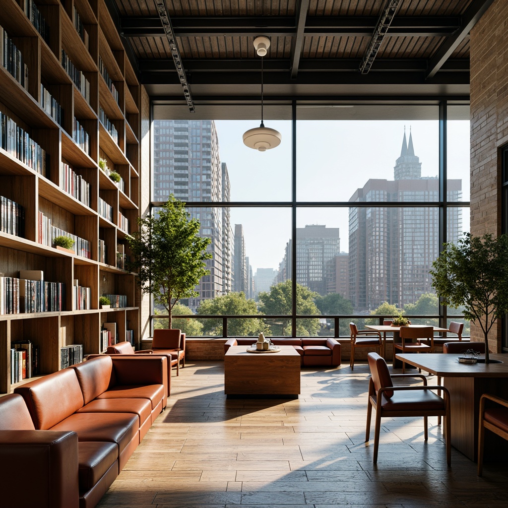 Prompt: Industrial chic library interior, Bauhaus-inspired furniture, geometric shapes, tubular steel frames, leather upholstered chairs, minimalist wooden tables, functional shelving units, bold color accents, natural light pouring in, large windows, urban cityscape views, morning sunlight, softbox lighting, shallow depth of field, 1/2 composition, realistic textures, ambient occlusion.