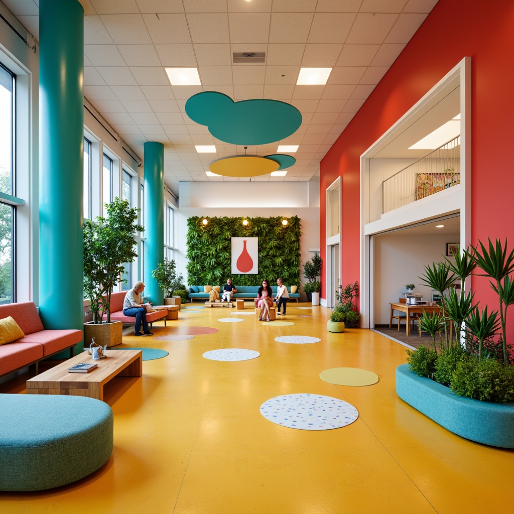 Prompt: Vibrant healthcare center, eclectic style, bold color palette, bright coral walls, turquoise accents, sunny yellow floors, natural wood tones, playful polka dot patterns, whimsical abstract art, modern minimalist furniture, sleek metal fixtures, lush greenery, living walls, abundant natural light, floor-to-ceiling windows, open airy spaces, comfortable seating areas, cozy reading nooks, warm ambient lighting, soft pastel hues, 1/1 composition, shallow depth of field, panoramic view, realistic textures.