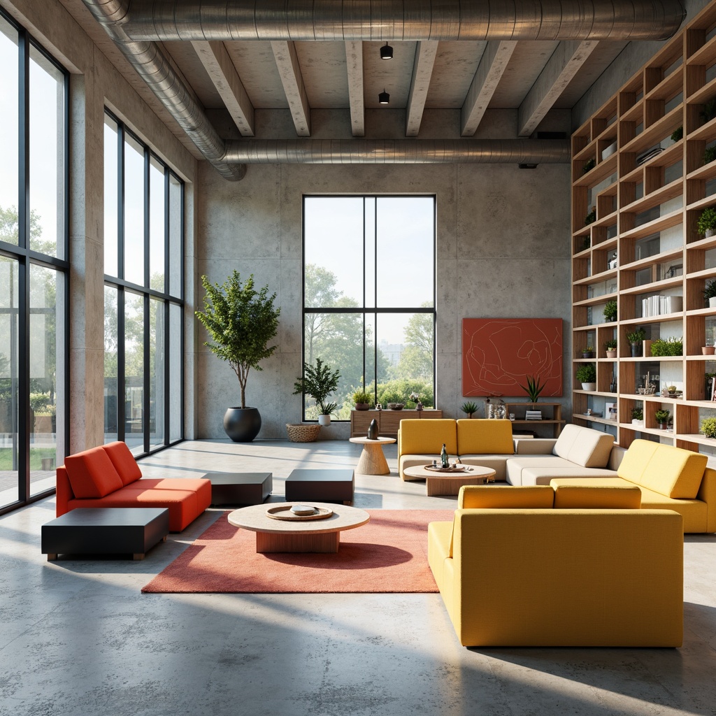 Prompt: Minimalist interior, primary color palette, geometric shapes, circular tables, rectangular sofas, triangular shelving units, hexagonal tiles, industrial metal frames, functional simplicity, clean lines, minimal ornamentation, natural light, open floor plan, monochromatic color scheme, brutalist architecture, raw concrete walls, steel beams, functional furniture, adjustable lighting systems, dynamic spatial relationships.