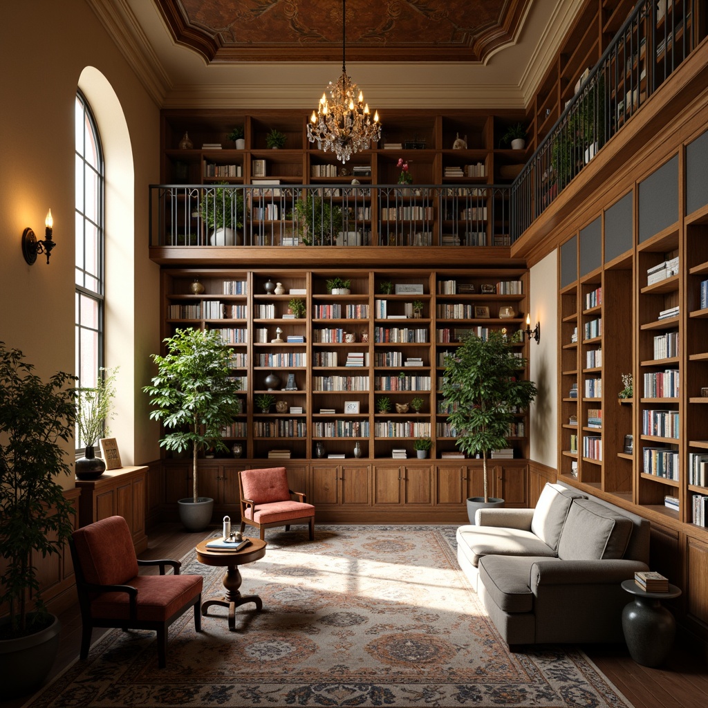 Prompt: Cozy library atmosphere, warm beige walls, rich wooden shelves, comfortable reading nooks, soft velvet sofas, elegant chandeliers, floor-to-ceiling bookcases, subtle natural light, calming blue-green accents, earthy brown tones, vintage leather armchairs, ornate metal railings, peaceful ambiance, shallow depth of field, 1/1 composition, realistic textures, ambient occlusion.