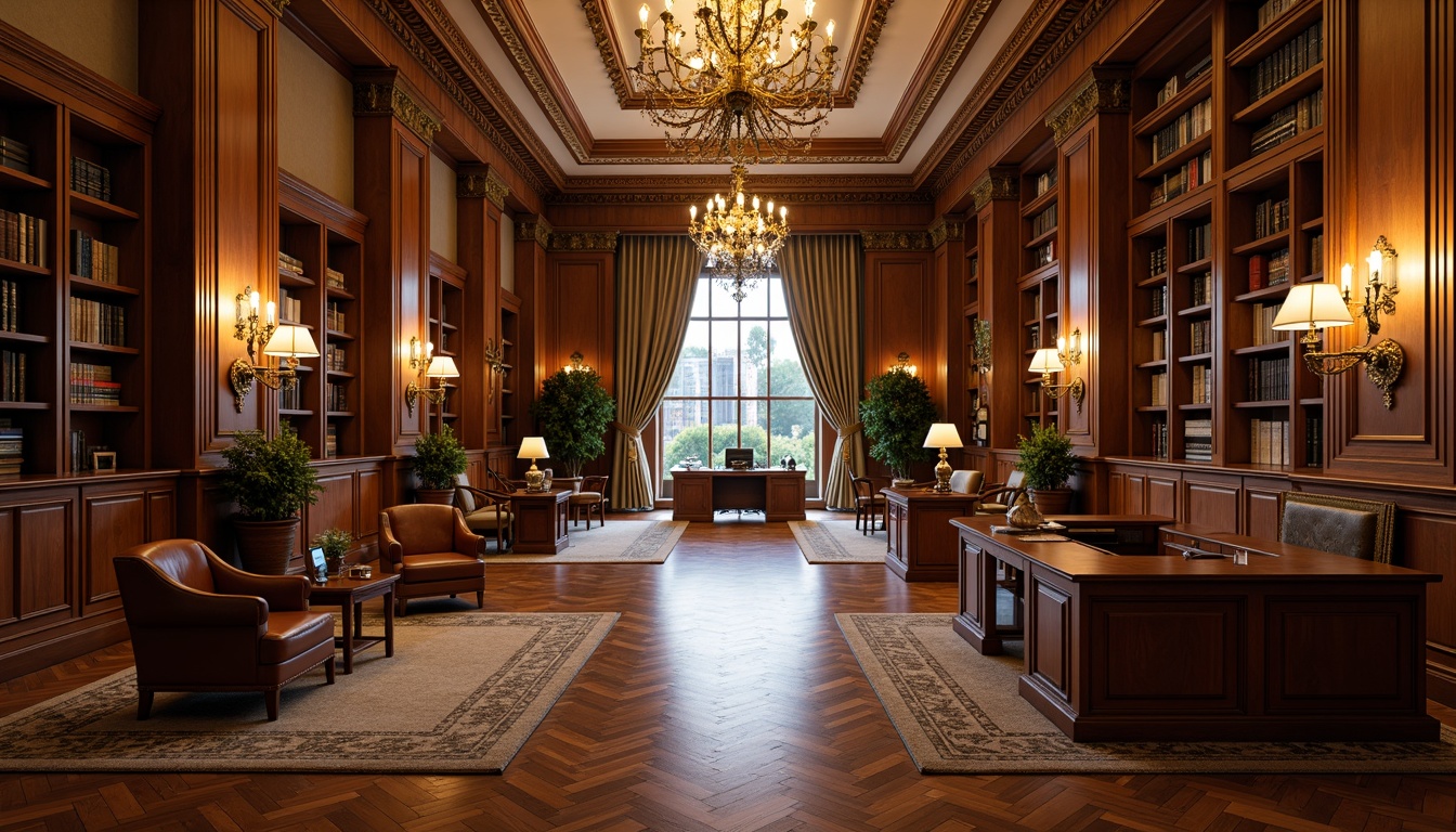 Prompt: Richly ornamented traditional office building, grand entrance hallways, polished wood flooring, ornate chandeliers, stately conference rooms, luxurious executive desks, leather-upholstered chairs, vintage-inspired bookshelves, warm earthy color schemes, soft diffused lighting, 1/1 composition, symmetrical layout, elegant crown molding, decorative ceiling details, refined textile patterns, classic furniture silhouettes, subtle wood grain textures, ambient atmospheric rendering.