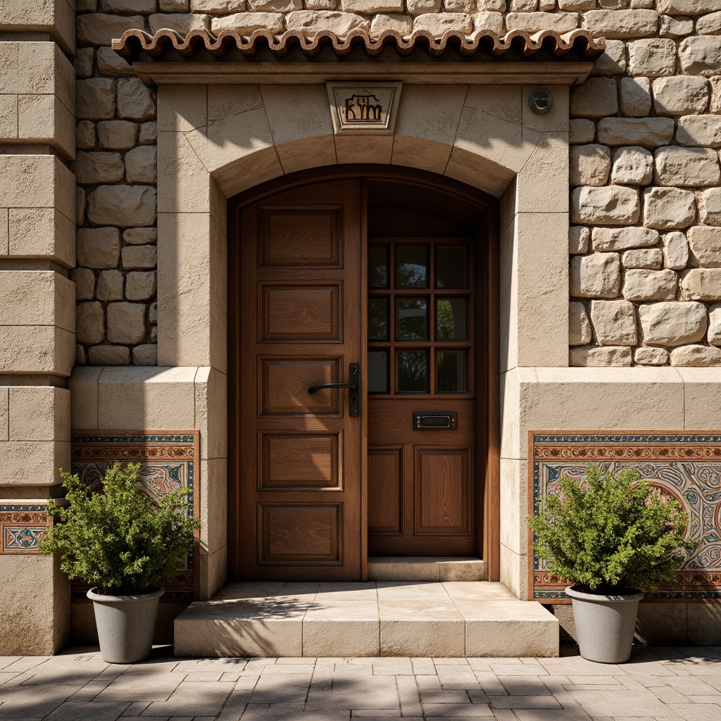 Prompt: Rustic stone walls, distressed wood panels, vintage brick facades, ornate ceramic tiles, intricate mosaic patterns, earthy color palette, natural materials, traditional architectural style, grand entranceways, imposing doorways, ornamental metalwork, warm soft lighting, shallow depth of field, 1/2 composition, realistic textures, ambient occlusion.