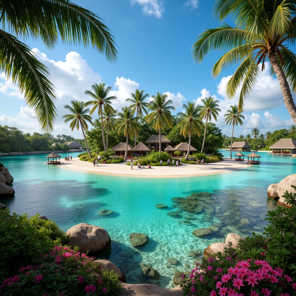 Prompt: Vibrant tropical island, lush green palms, exotic flowers, warm sandy beaches, crystal-clear turquoise waters, colorful coral reefs, rustic wooden docks, thatched roof huts, bright sunny day, soft warm lighting, shallow depth of field, 3/4 composition, panoramic view, realistic textures, ambient occlusion.