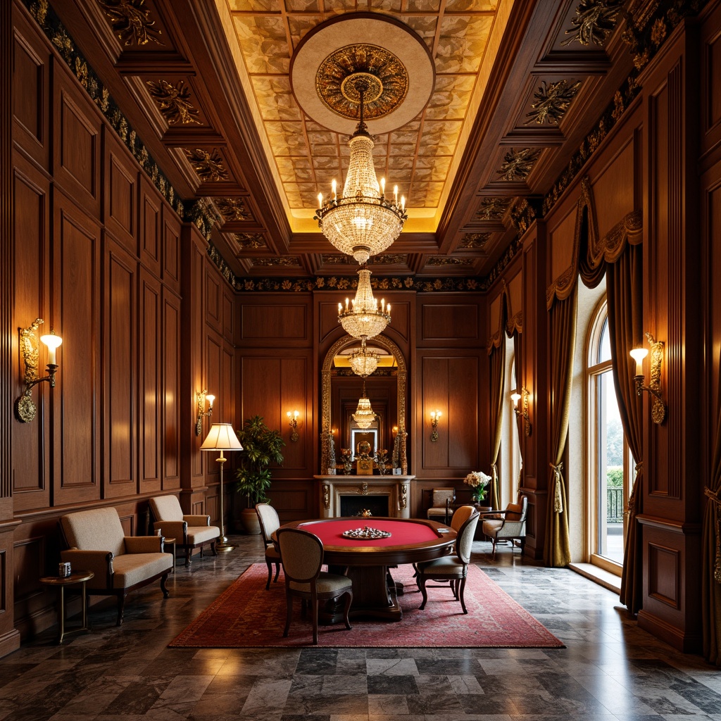 Prompt: Elegant game room, ornate chandeliers, warm golden lighting, rich wood paneling, intricate moldings, luxurious fabrics, velvet drapes, marble floors, stately furniture, ornamental mirrors, crystal sconces, dramatic high ceilings, softbox lighting, subtle shadowing, 1/1 composition, realistic textures, ambient occlusion.