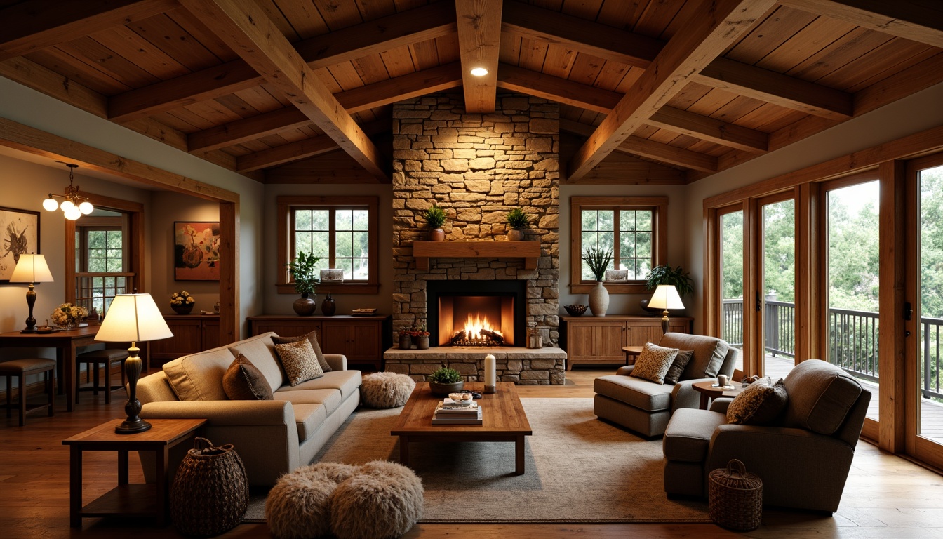 Prompt: Cozy craftsman living room, warm wood accents, earthy color palette, comfortable furniture, plush throw blankets, rustic wooden beams, natural stone fireplace, warm ambient lighting, table lamps, floor lamps, pendant lights, soft warm glow, warm color temperature, 3/4 composition, intimate atmosphere, realistic textures, subtle shading.