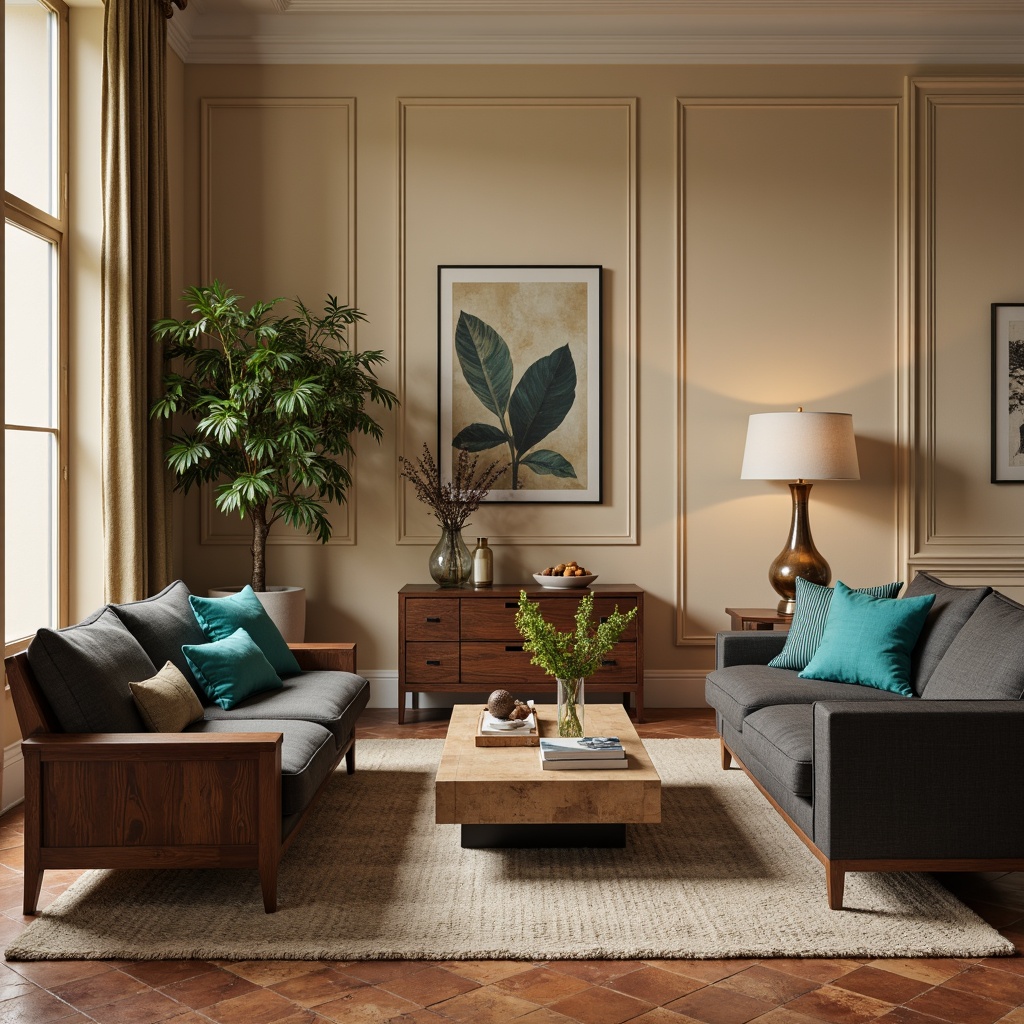 Prompt: Warm beige walls, soft creamy trim, rich walnut wood furniture, plush charcoal grey sofas, vibrant turquoise accents, natural linen drapes, rustic terracotta flooring, earthy sienna tones, calming moss greenery, golden brass lighting fixtures, subtle texture contrasts, monochromatic color scheme, 1/3 composition, warm ambient lighting, realistic material rendering.