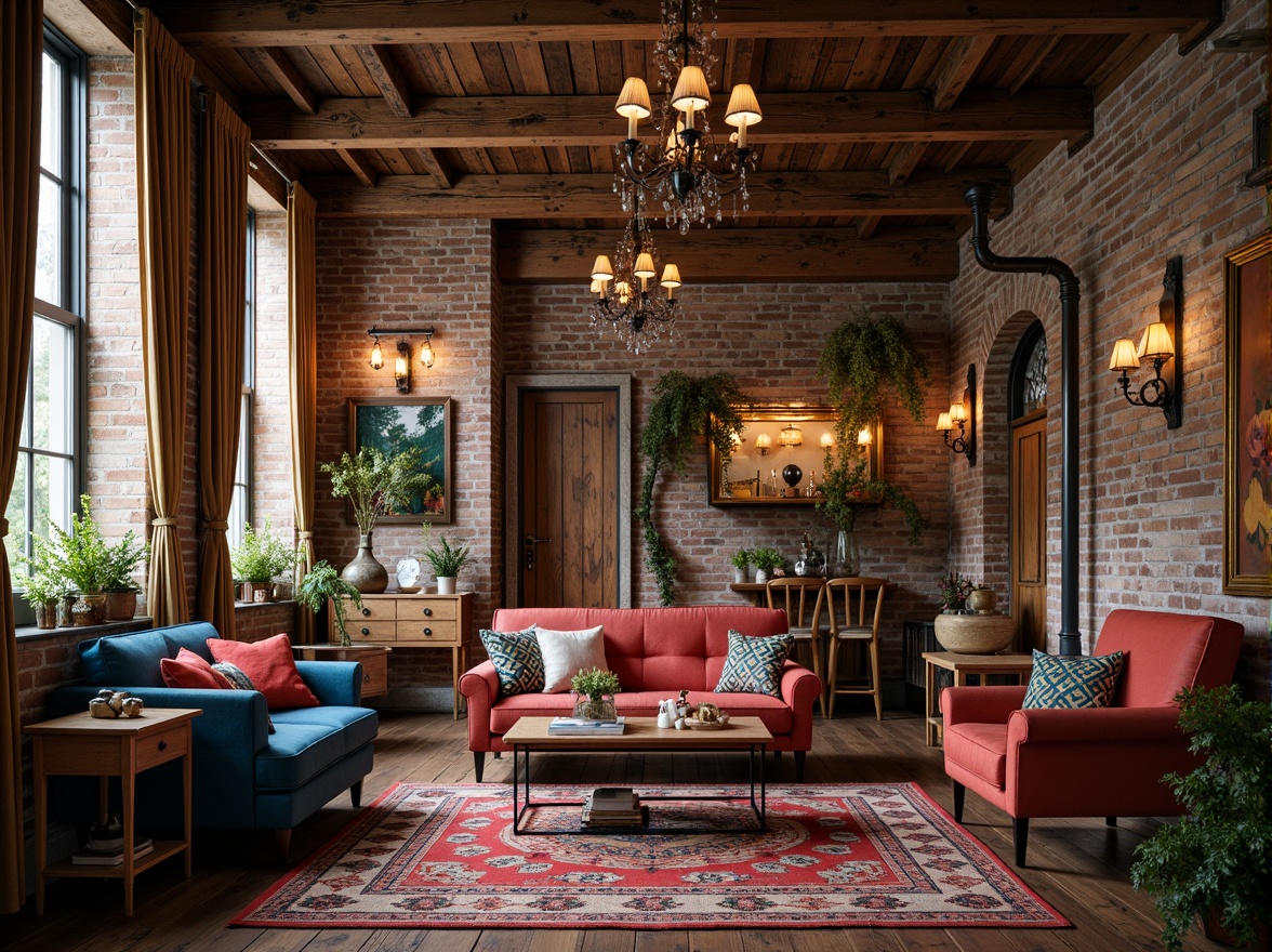 Prompt: Vintage chandeliers, ornate metalwork, distressed wooden beams, eclectic mix of furniture styles, bold colorful rug, richly patterned textiles, rustic stone walls, reclaimed wood accents, industrial metal lighting, exposed brick ceilings, warm cozy atmosphere, soft warm lighting, shallow depth of field, 1/1 composition, realistic textures, ambient occlusion.