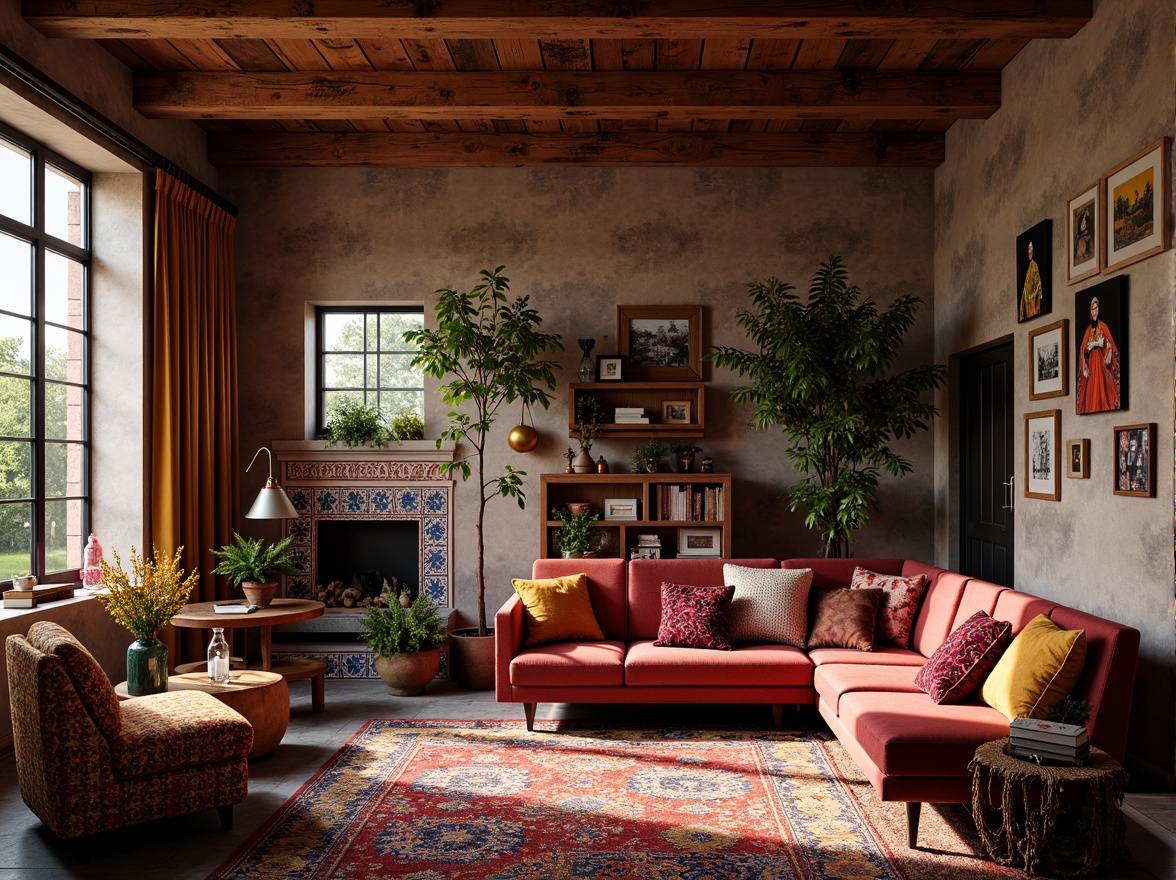 Prompt: Vibrant eclectic interior, rich velvet fabrics, distressed wooden accents, ornate metal fixtures, Moroccan-inspired tiles, colorful woven rugs, plush throw pillows, antique furniture pieces, vintage decorative items, bold patterned wallpapers, soft warm lighting, shallow depth of field, 1/1 composition, realistic textures, ambient occlusion.