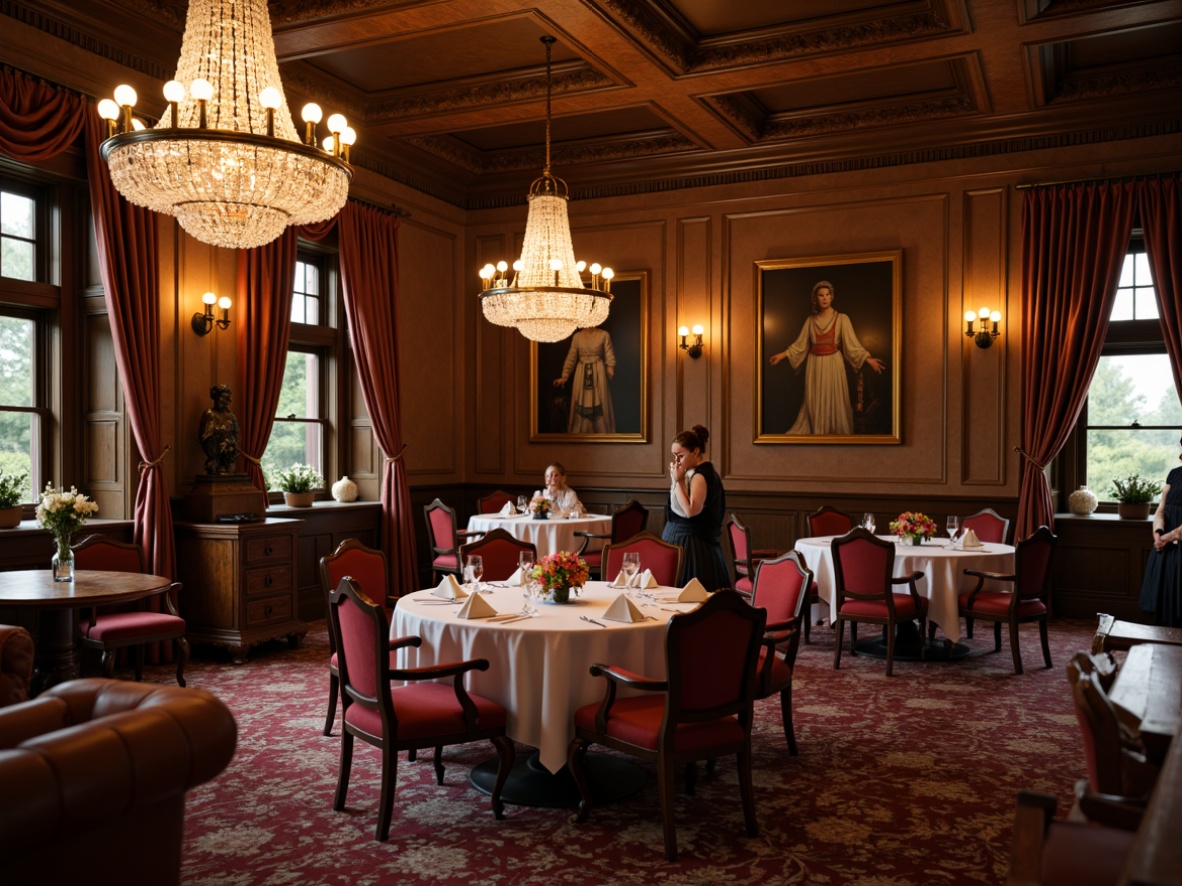 Prompt: Traditional dining room, ornate wooden furniture, rich velvet upholstery, carved mahogany tables, elegant crystal chandeliers, formal atmosphere, luxurious fabrics, refined wood tones, subtle patterns, classic designs, intricate carvings, warm golden lighting, shallow depth of field, 1/2 composition, realistic textures, ambient occlusion.