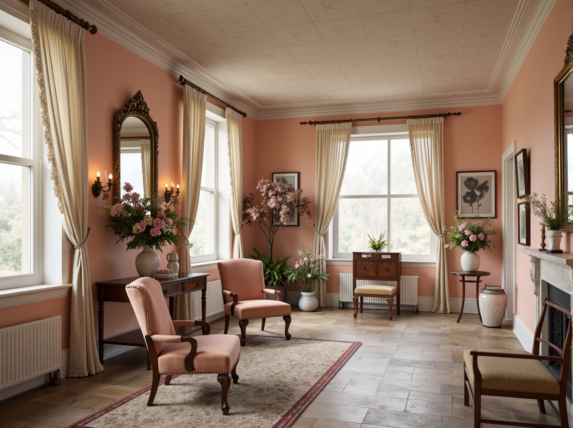 Prompt: Soft peach walls, creamy whites, pale blues, dusty roses, warm beiges, antique gold accents, ornate mirrors, distressed wood furniture, velvet drapes, lace trimmings, porcelain vases, delicate florals, intricate moldings, rustic stone floors, plush area rugs, natural light filtering, warm candlelight, shallow depth of field, 2/3 composition, romantic ambiance.