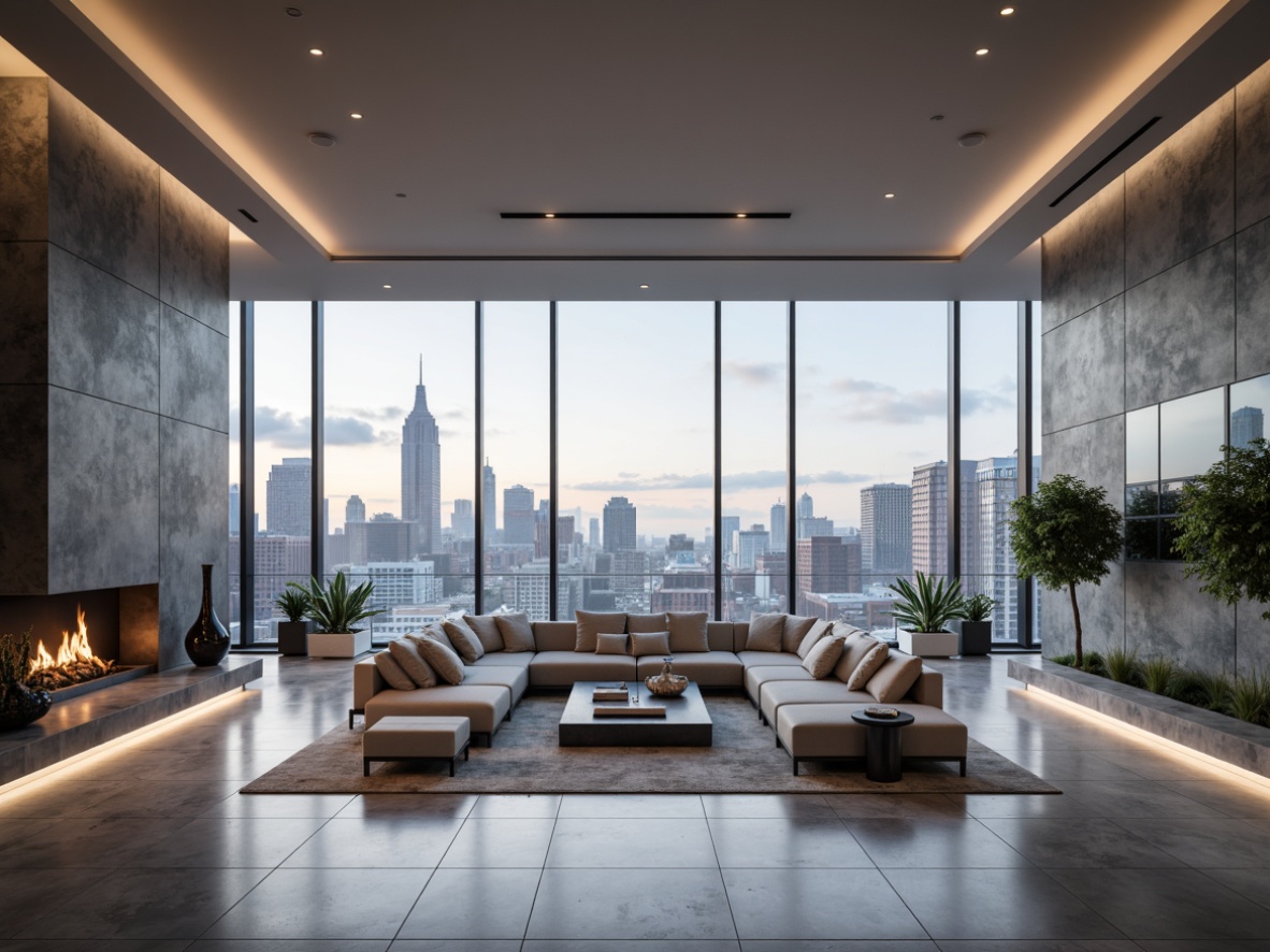 Prompt: Luxurious penthouse, open floor plan, sleek modern interior, high ceilings, expansive windows, breathtaking city views, minimalist decor, monochromatic color scheme, polished marble floors, low-profile furniture, geometric patterns, ambient lighting, soft warm glow, shallow depth of field, 3/4 composition, panoramic view, realistic textures, ambient occlusion.