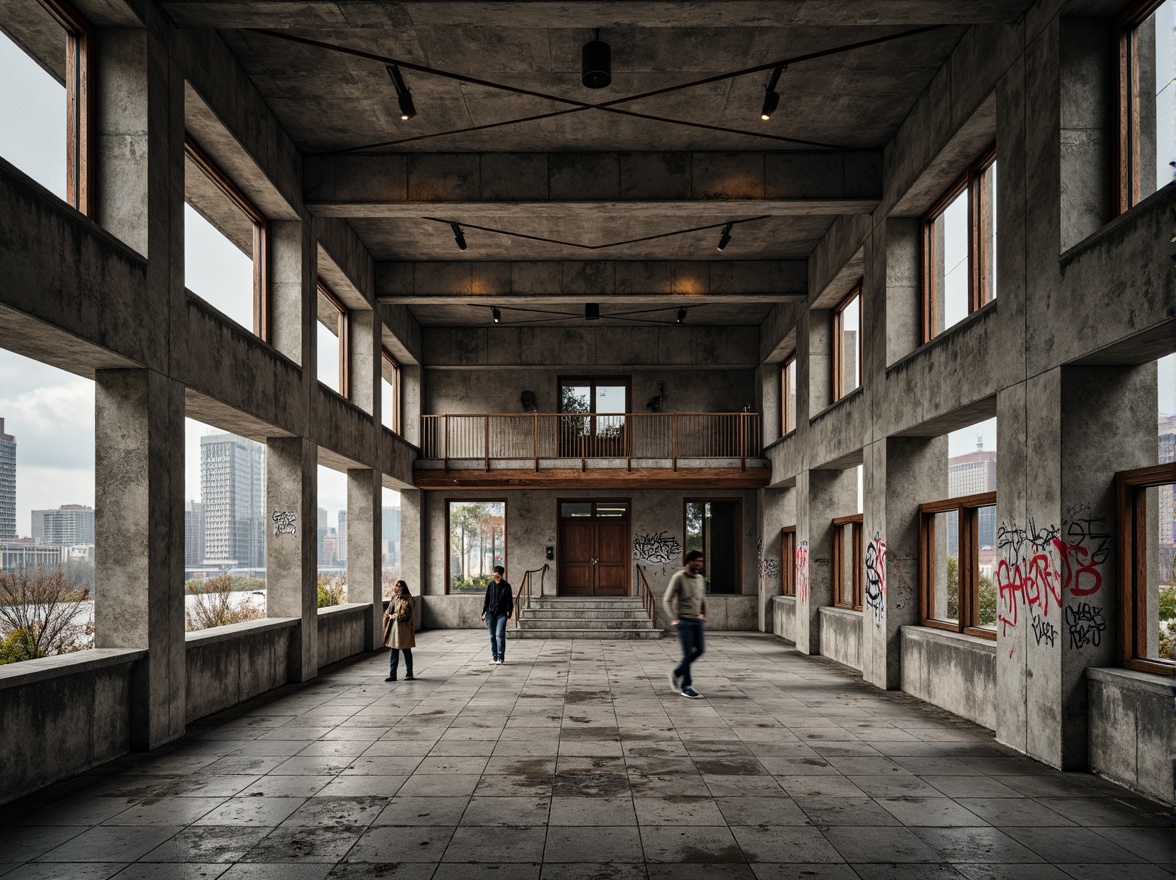 Prompt: Rugged community center, brutalist architecture, raw concrete walls, exposed ductwork, industrial metal beams, weathered wooden accents, distressed stone flooring, urban graffiti, gritty cityscape, overcast skies, dramatic shadows, high-contrast lighting, bold geometric shapes, functional minimalism, utilitarian aesthetic, rough-hewn stone columns, cold industrial metals, worn brick textures, decaying urban landscape, atmospheric fog, cinematic composition, stark realism.