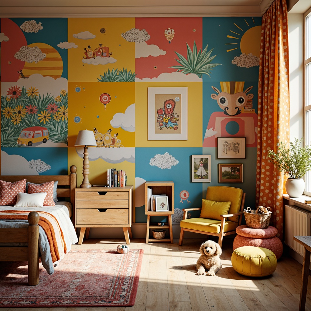 Prompt: Vibrant kids' room, whimsical expressionist style, bold bright colors, playful polka dots, cheerful stripes, fantastical creatures, dreamy clouds, soft puffy textures, cozy reading nooks, imaginative murals, creative artwork displays, eclectic furniture, distressed wood accents, vintage decorative items, warm golden lighting, shallow depth of field, 1/1 composition, intimate close-up shots, realistic brushstrokes.