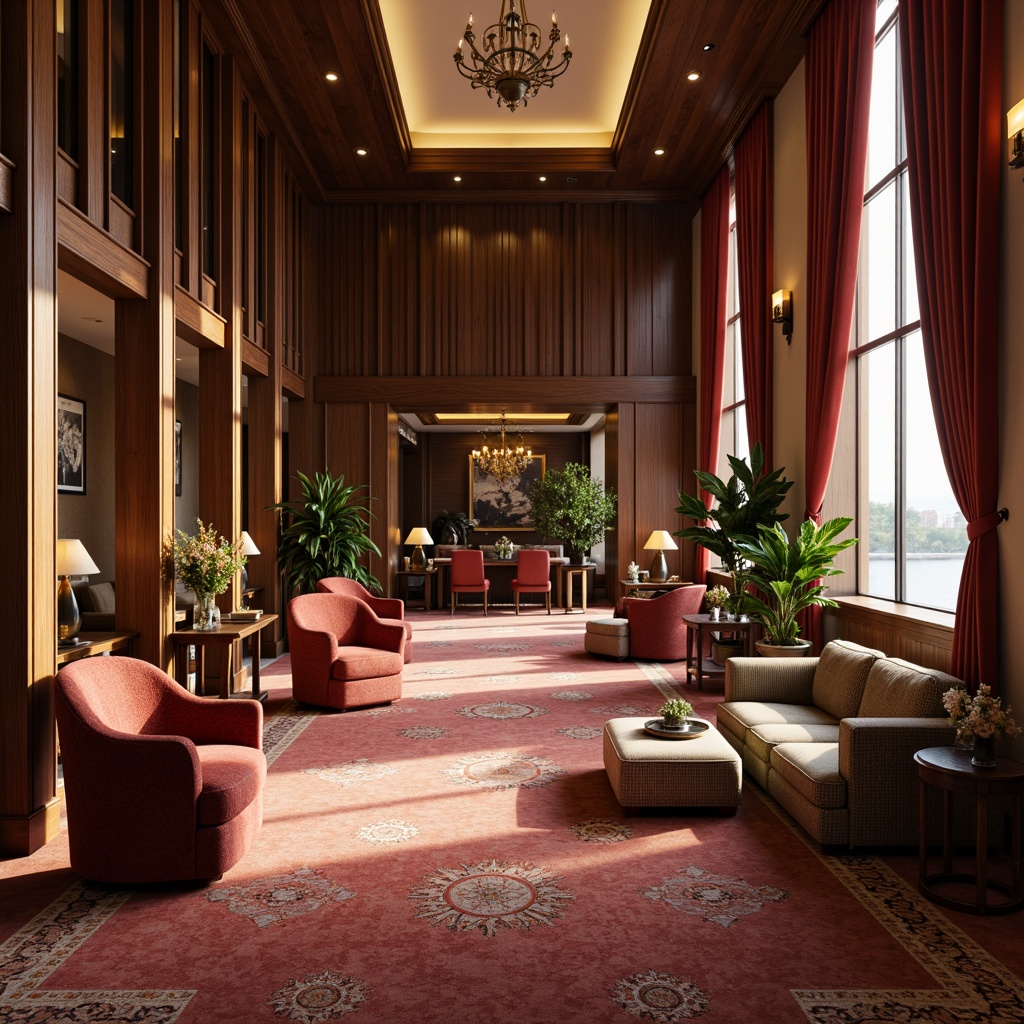 Prompt: Luxurious hotel lobby, plush carpets, velvet upholstery, elegant drapery, rich wood accents, sophisticated color palette, subtle patterns, durable fabrics, stain-resistant materials, comfortable seating areas, ambient lighting, soft warm glow, 1/2 composition, shallow depth of field, realistic textures.