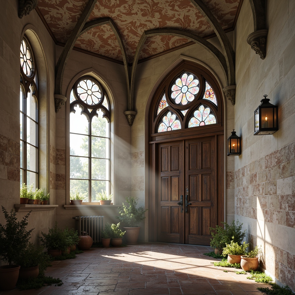 Prompt: Distressed stone walls, soft pastel hues, ornate Gothic arches, stained glass windows, rustic wooden doors, vintage metal lanterns, worn brick textures, faded frescoes, subtle gold accents, warm candlelight, atmospheric misting, 1/1 composition, shallow depth of field, realistic materials, ambient occlusion.