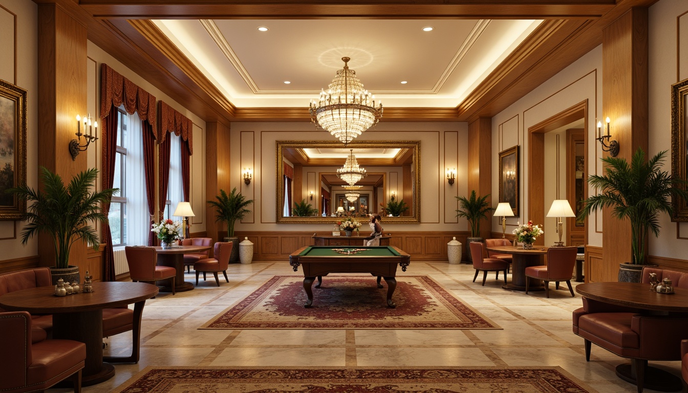 Prompt: \Elegant game room, warm beige walls, rich wood paneling, ornate gold moldings, luxurious velvet fabrics, intricate marble floors, soft cream-colored ceilings, subtle ambient lighting, 3/4 composition, shallow depth of field, neoclassical architecture, grandiose chandeliers, refined bronze details, sophisticated leather furniture, ornamental mirrors, lavish drapery, richly textured rugs, warm golden accents, inviting atmosphere.\Please let me know if this meets your requirements.