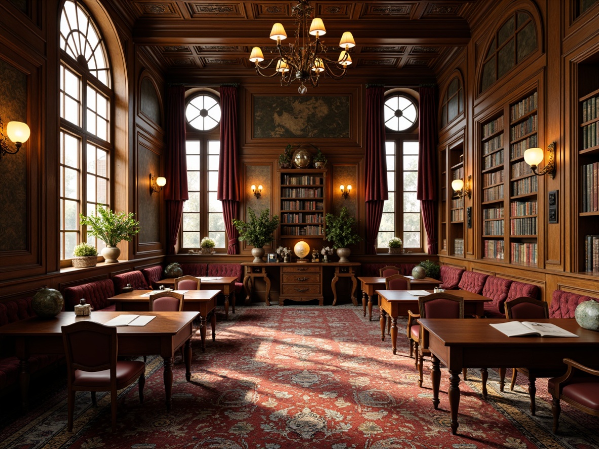 Prompt: Renaissance-style classroom, ornate wooden desks, carved chairs, luxurious velvet sofas, intricately patterned rugs, richly toned wood paneling, grand chandeliers, stained glass windows, Gothic arches, classic bookshelves, leather-bound tomes, vintage globes, elegant lamps, warm golden lighting, shallow depth of field, 1/1 composition, realistic textures, ambient occlusion.