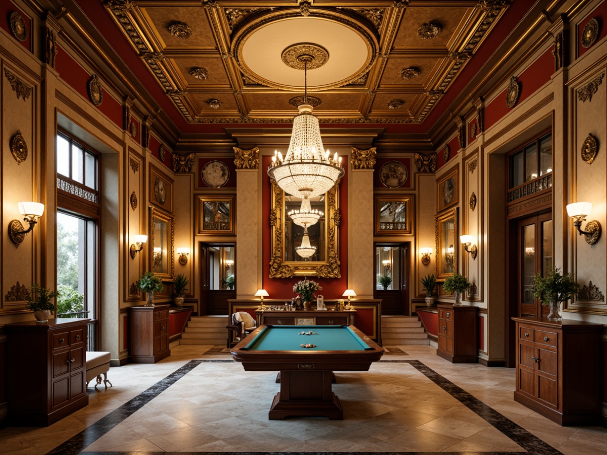 Prompt: Richly ornamented game room, neoclassical architectural details, intricate moldings, gilded accents, ornate mirrors, lavish chandeliers, marble floors, ornamental columns, grand archways, symmetrical composition, warm golden lighting, soft focus, shallow depth of field, 1/1 composition, realistic textures, ambient occlusion.