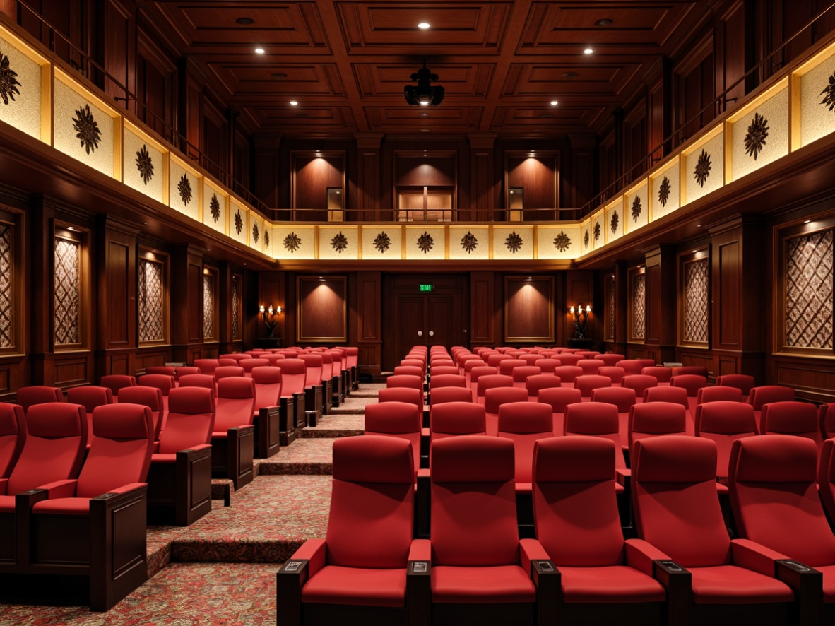 Prompt: Luxurious theater interior, rich wood accents, plush red velvet seats, ornate golden trim, sound-absorbing acoustic panels, geometric patterned fabrics, professional audio equipment, spotlights, dimmable LED lighting, high ceilings, minimal reverberation, optimal sound quality, clear vocal clarity, immersive cinematic experience, 1/1 composition, shallow depth of field, warm color temperature, realistic textures.