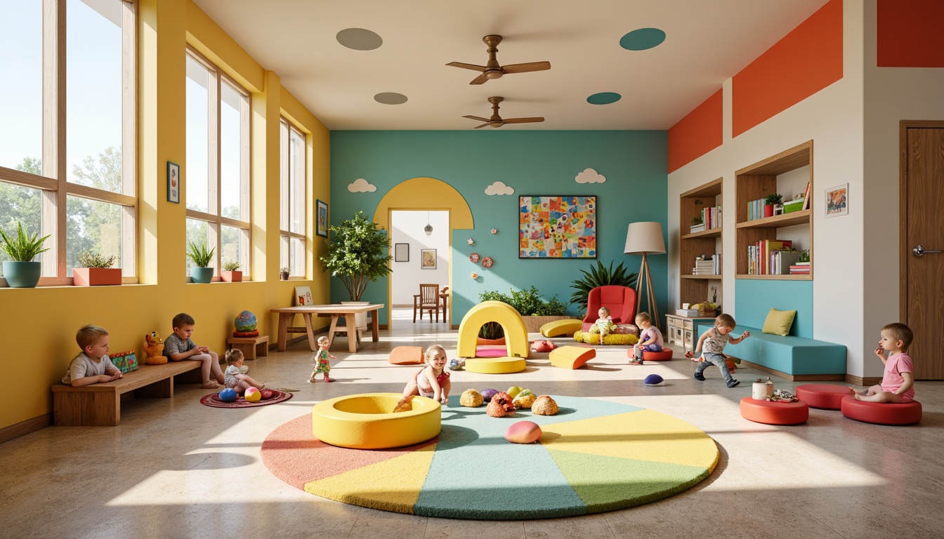 Prompt: Vibrant kindergarten playground, bright primary colors, soft pastel hues, whimsical murals, interactive learning zones, colorful building blocks, playful ball pits, cozy reading nooks, wooden educational toys, natural light-filled classrooms, rounded safety corners, gentle texture accents, warm beige flooring, cheerful nursery rhymes, engaging sensory experiences, stimulating activity centers, collaborative play areas, imaginative art stations, soothing background music, shallow depth of field, 1/1 composition, realistic textures, ambient occlusion.