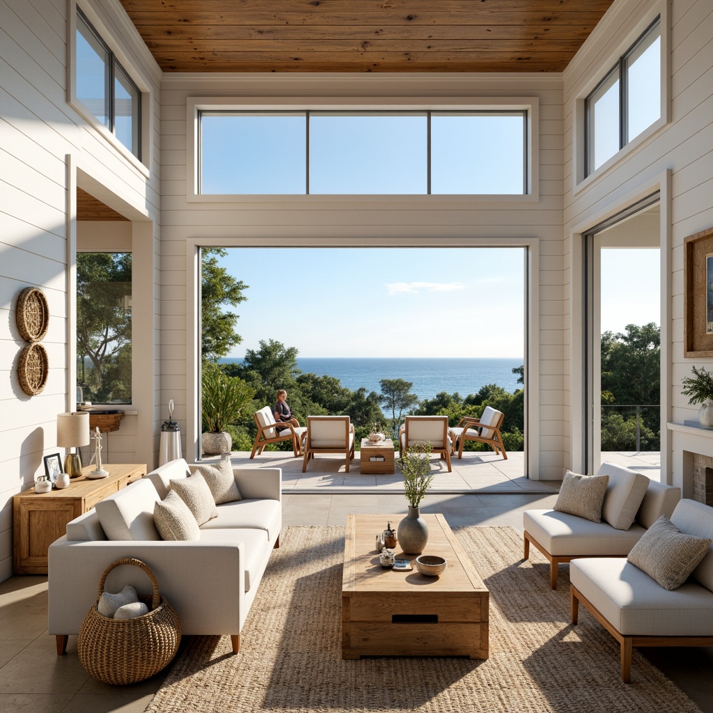 Prompt: Open-plan living space, coastal vibe, natural materials, reclaimed wood accents, white shiplap walls, large windows, sliding glass doors, ocean views, beachy atmosphere, nautical decor, rope details, woven furniture, jute rugs, soft blue-green color palette, abundant natural light, airy feel, minimalist chic, modern simplicity, functional layout, flow-through floor plan, seamless indoor-outdoor transition, sunny day, soft warm lighting, shallow depth of field, 1/1 composition, realistic textures, ambient occlusion.