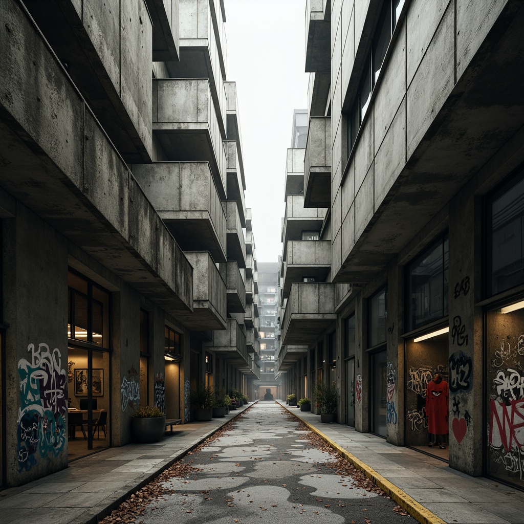 Prompt: Rough concrete walls, brutalist architecture, industrial textures, rugged stone facades, metallic accents, bold geometric shapes, dramatic lighting, urban cityscape, graffiti-covered surfaces, distressed wood planks, rusted steel beams, exposed ductwork, minimalist color palette, stark contrasts, high-contrast shadows, cinematic composition, atmospheric fog, gritty realistic render.