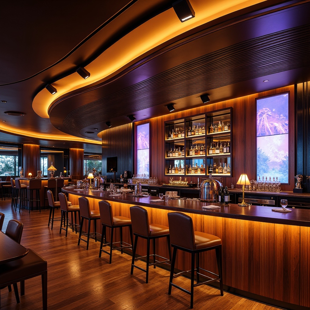 Prompt: Luxurious nightclub interior, sleek bar counter design, LED lighting effects, metallic finishes, glossy wood textures, curved lines, futuristic ambiance, high-stool seating, chrome accents, ambient music, dimmed warm lighting, 1/1 composition, shallow depth of field, realistic reflections.