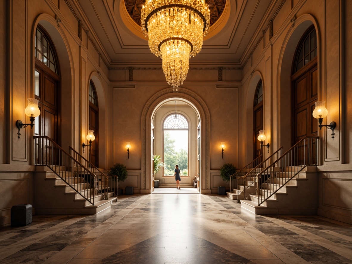 Prompt: Grand entrance, luxurious chandelier, warm golden lighting, marble flooring, ornate doorways, polished metal hardware, inviting foyer, high ceilings, dramatic staircases, elegant coves, sophisticated sconces, soft ambient glow, subtle shadows, 1/1 composition, natural daylight, crystal prisms, metallic accents, refined textures, warm color palette, realistic reflections.