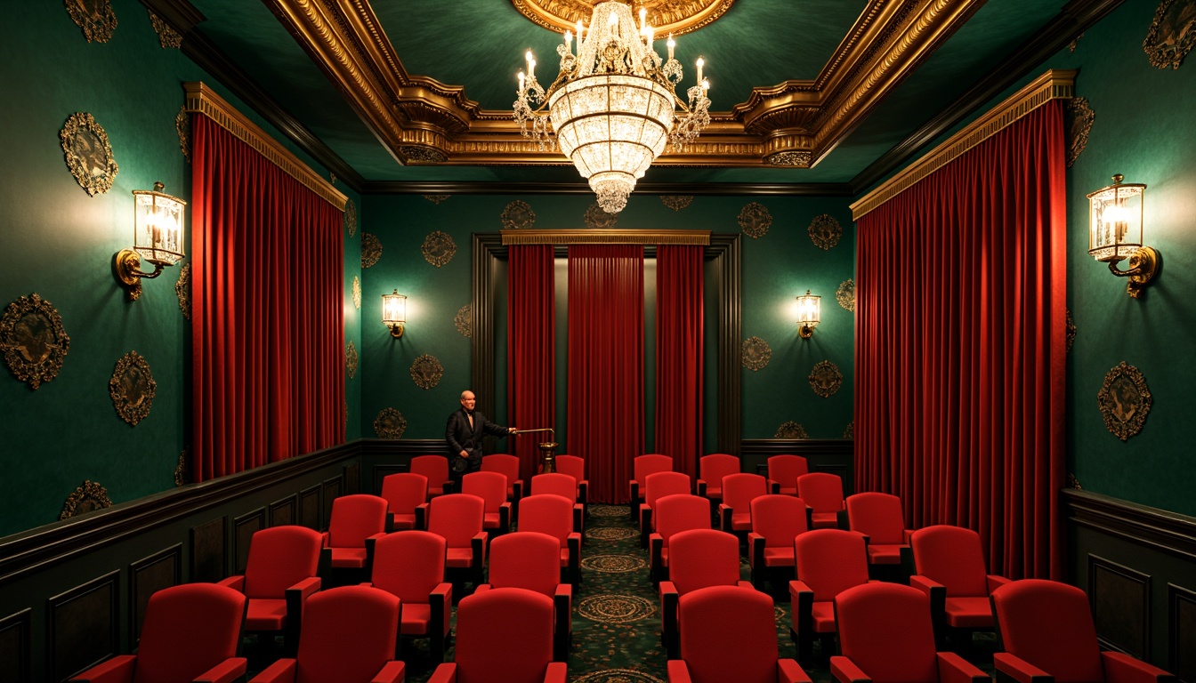 Prompt: Luxurious cinema interior, art deco style, rich jewel tones, emerald green walls, navy blue accents, golden metallic details, ornate geometric patterns, velvet curtains, plush red seats, intricate moldings, crystal chandeliers, warm ambient lighting, soft focus, shallow depth of field, 1/2 composition, elegant typography, opulent textures, cinematic atmosphere.