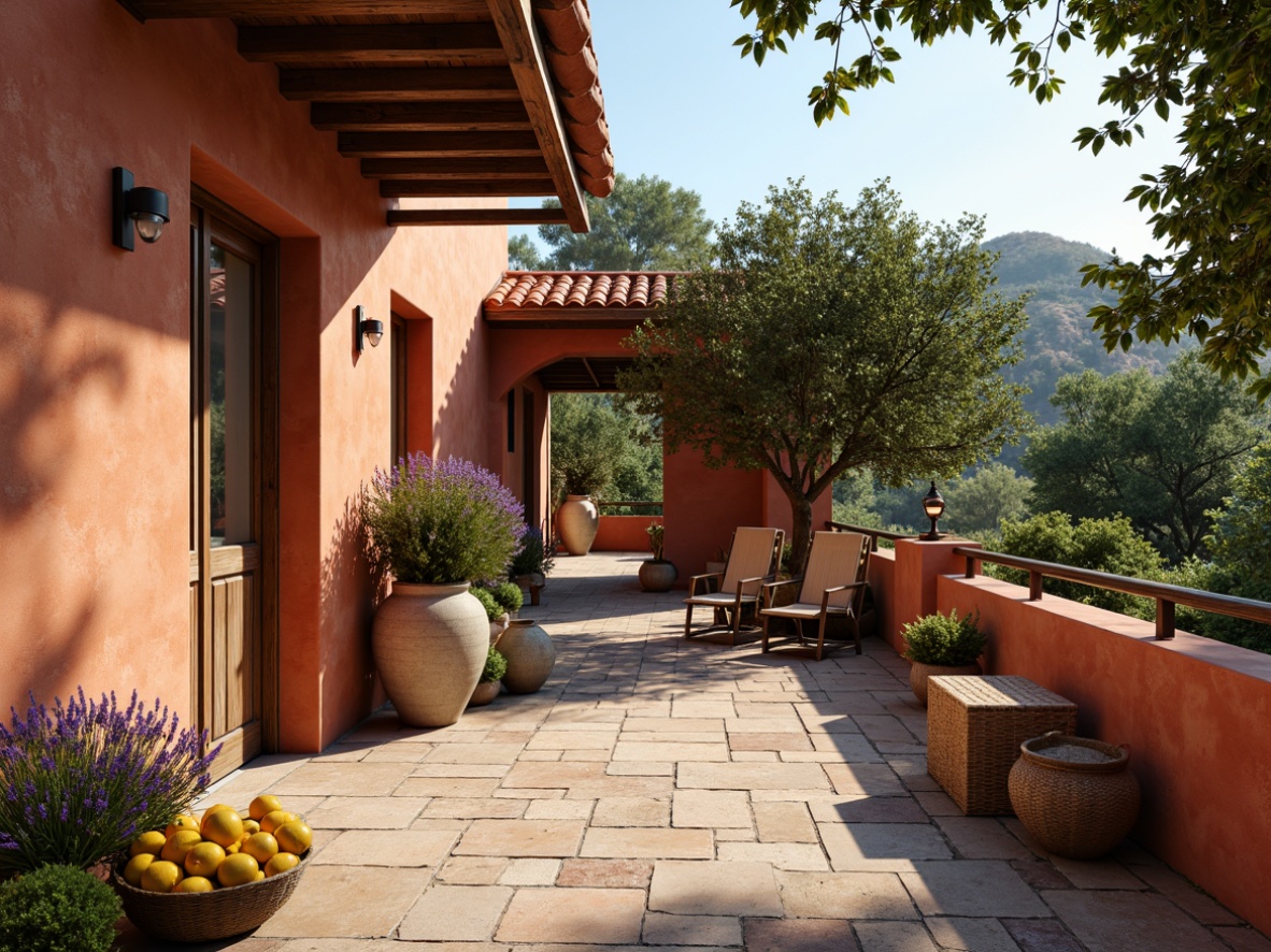 Prompt: Warm terracotta walls, rustic stone flooring, earthy red roofs, lush greenery, olive trees, blooming lavender, vibrant lemons, distressed wood accents, natural textiles, woven baskets, ceramic pottery, soft warm lighting, shallow depth of field, 3/4 composition, panoramic view, realistic textures, ambient occlusion.