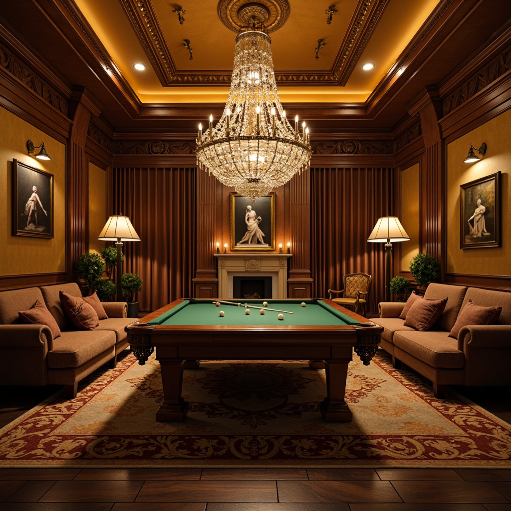 Prompt: Elegant game room, neoclassical style, ornate chandeliers, crystal sconces, warm golden lighting, soft diffused illumination, luxurious velvet drapes, rich wood paneling, intricate moldings, carved wooden furniture, classic sculptures, grandiose fireplaces, refined bronze fixtures, subtle ambient glow, high contrast ratio, dramatic spotlighting, 1/2 composition, cinematic camera angles, detailed textures, realistic reflections.