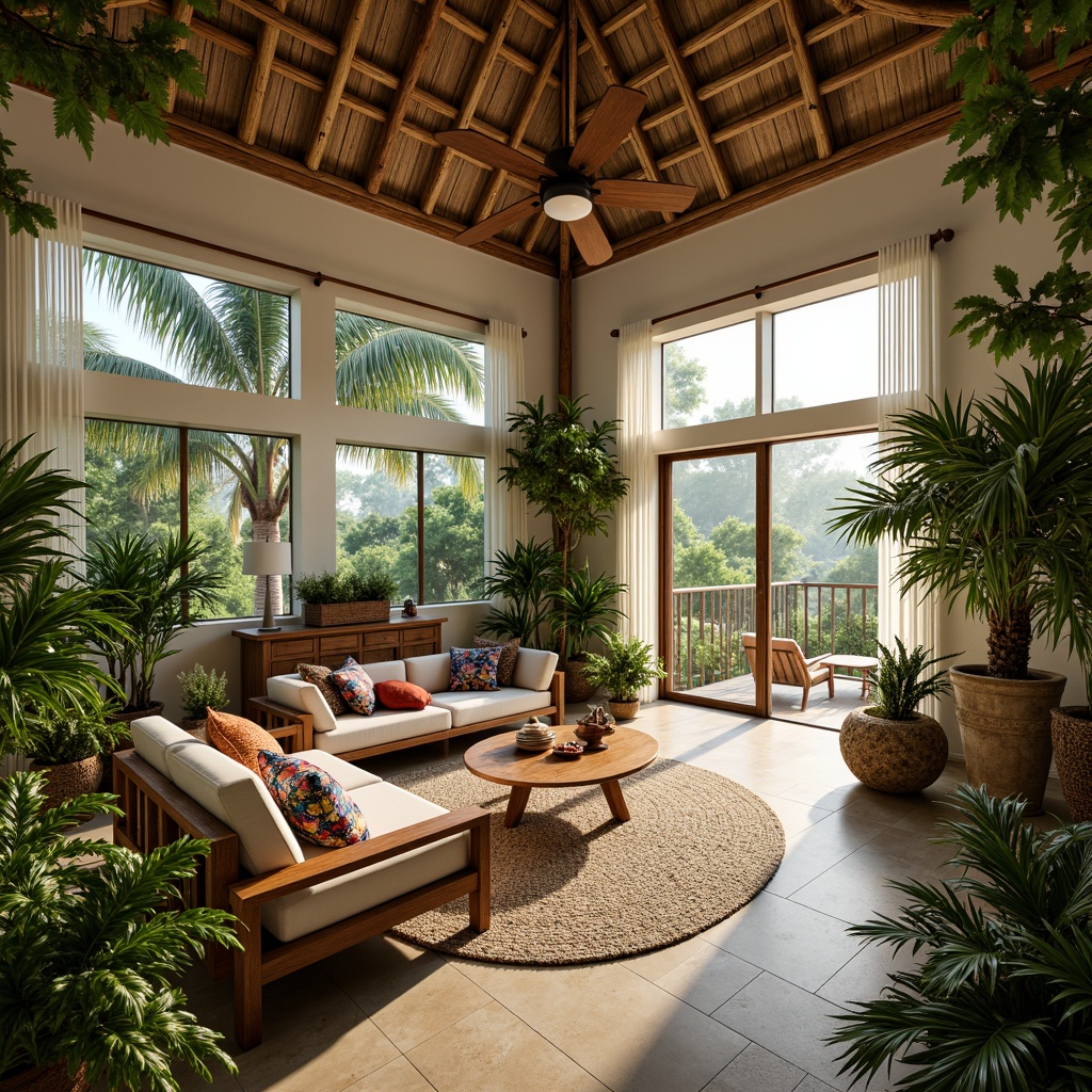 Prompt: Lush tropical foliage, natural wood accents, woven rattan furniture, vibrant floral patterns, colorful tiki torches, exotic palm trees, bamboo ceiling fans, creamy white walls, large windows, sliding glass doors, warm beige flooring, plush area rugs, cozy reading nooks, ambient string lighting, soft diffused light, 1/1 composition, intimate atmosphere, realistic textures, subtle shadows.