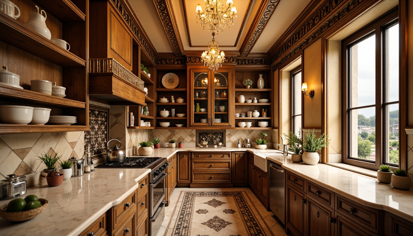 Prompt: Ornate pantry, golden ornamental details, creamy marble countertops, soft warm lighting, delicate ceramic tiles, intricate wooden cabinetry, luxurious velvet fabrics, gilded metal accents, lavish crystal chandeliers, distressed wood finishes, elegant curved lines, ornamental floral patterns, richly textured wallpaper, subtle sheen materials, shallow depth of field, 1/2 composition, warm color palette, realistic reflections.