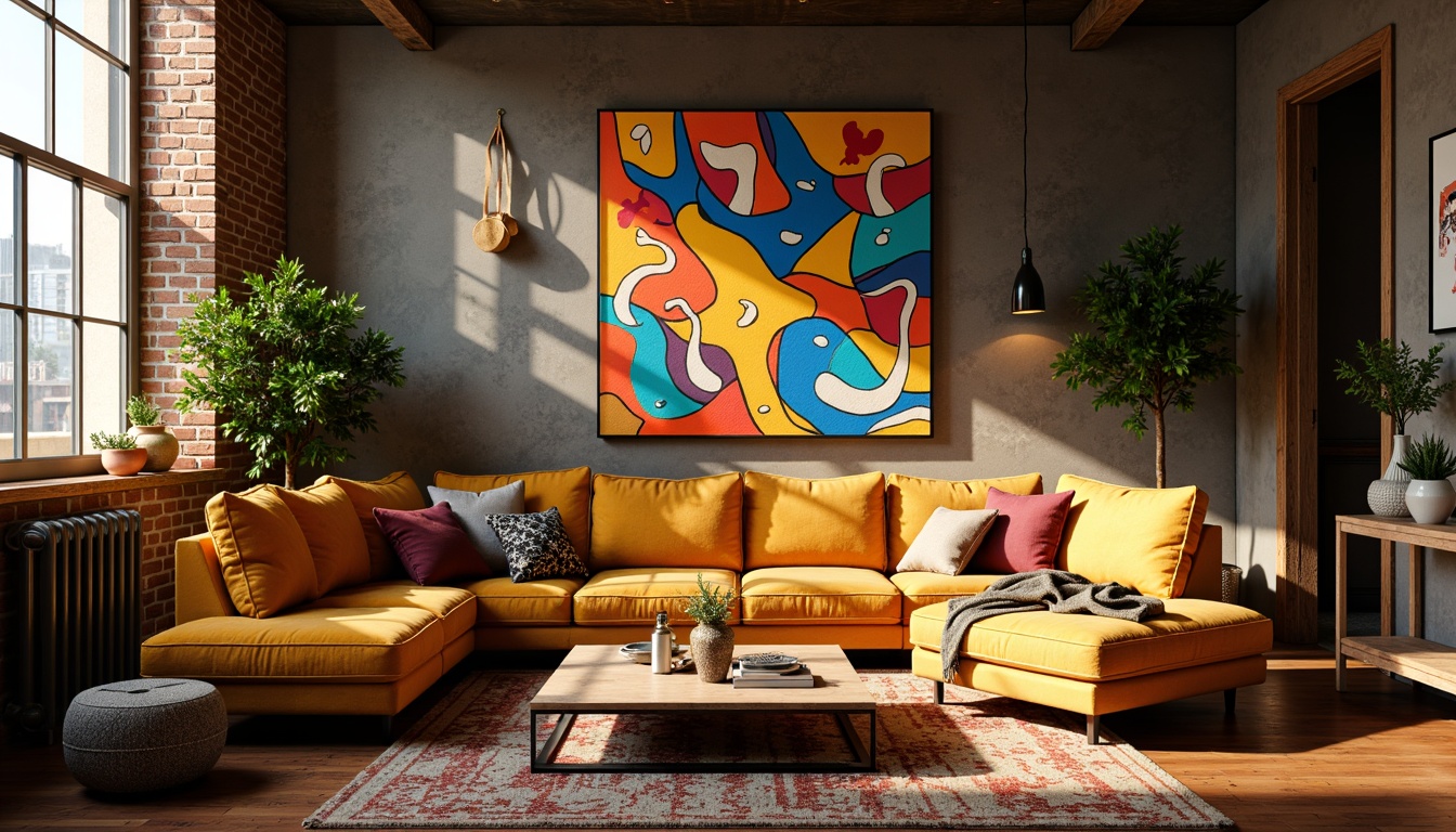 Prompt: Vibrant apartment interior, expressionist artwork, bold color palette, rich textures, eclectic furniture, abstract patterns, geometric shapes, warm golden lighting, cozy atmosphere, plush rugs, velvet sofas, distressed wood accents, industrial metal fixtures, modern minimalist decor, urban loft-inspired layout, dramatic shadows, cinematic ambiance, shallow depth of field, 1/2 composition, warm color grading, filmic texture overlays.