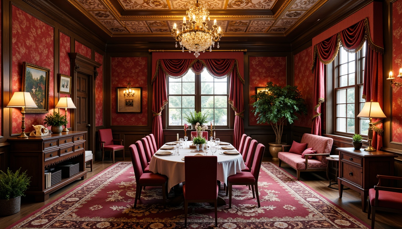 Prompt: Luxurious traditional dining room, rich velvet fabrics, intricate patterns, ornate wooden furniture, elegant chandeliers, warm golden lighting, plush area rugs, refined damask prints, sophisticated floral motifs, opulent jewel-toned colors, stately architectural details, grand window treatments, majestic crown molding, classic symmetry, harmonious color palette, soft focus photography, 1/2 composition, realistic textures.