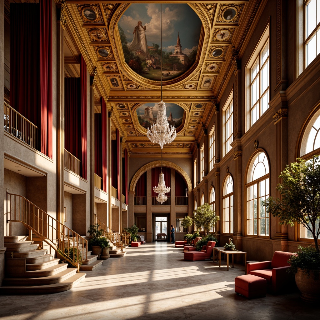 Prompt: Intricate fresco ceiling, ornate gold leaf patterns, rich velvet drapes, lavish crystal chandeliers, carved wooden paneling, gilded mirror frames, opulent marble flooring, grand staircases, sweeping archways, dramatic shadows, warm golden lighting, high-contrast rendering, 1/1 composition, shallow depth of field, realistic textures, ambient occlusion.