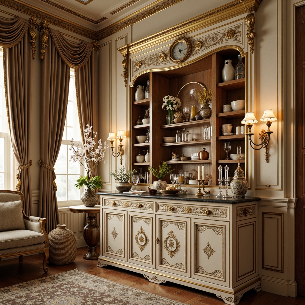 Prompt: Ornate pantry, lavish gold accents, intricate carvings, soft cream walls, ornamental mirrors, crystal chandeliers, velvet drapes, rich wood cabinetry, gilded moldings, distressed finishes, antique hardware, floral patterns, delicate lace, ivory inlays, warm candlelight, shallow depth of field, 1/1 composition, romantic ambiance, realistic textures.