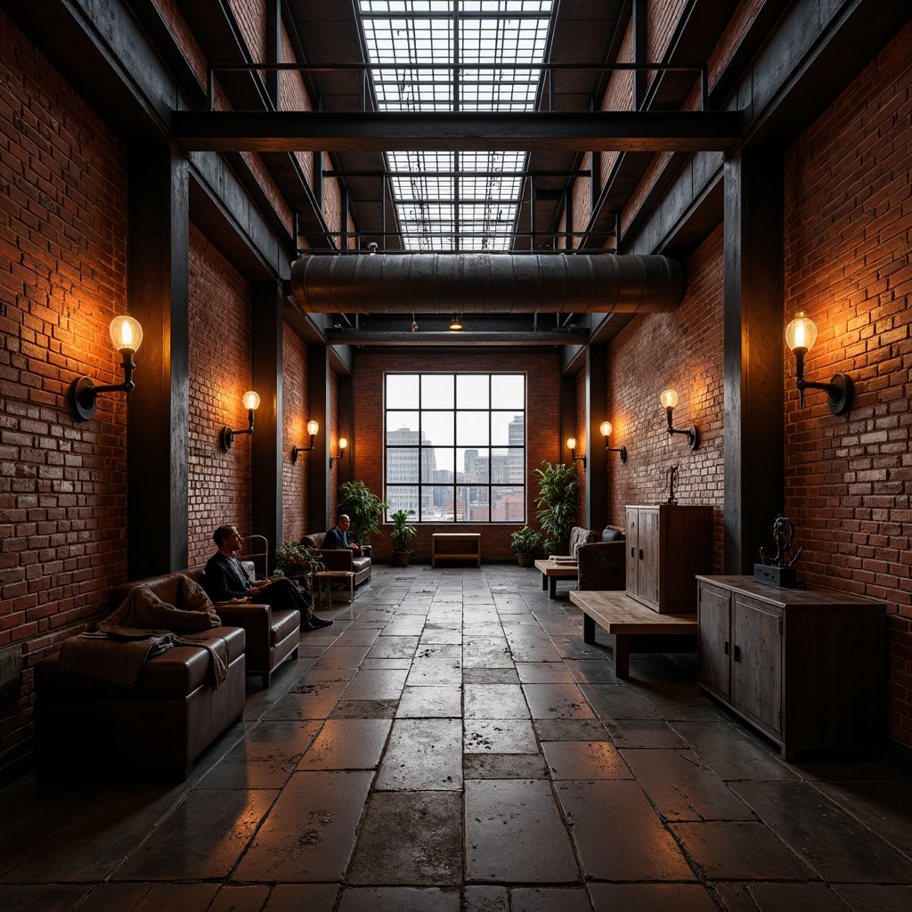 Prompt: Exposed brick walls, industrial metal beams, reclaimed wood flooring, distressed concrete surfaces, vintage machinery parts, Edison bulb lighting, metal grid ceilings, urban cityscape views, dark tone color palette, moody atmospheric ambiance, dramatic shadows, warm golden hour lighting, shallow depth of field, 2/3 composition, realistic textures, ambient occlusion.