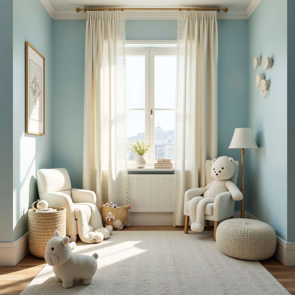 Prompt: Soft baby blue walls, creamy white trim, gentle cream accents, calming atmosphere, serene nursery setting, delicate lace curtains, plush toys, rounded furniture shapes, pastel color scheme, subtle texture contrasts, warm natural lighting, shallow depth of field, 1/1 composition, intimate portrait view, realistic fabric rendering, ambient occlusion.