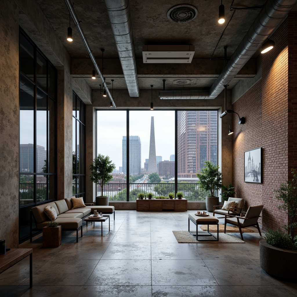 Prompt: Rugged concrete facade, industrial-chic aesthetic, exposed ductwork, metal beams, reclaimed wood accents, urban loft atmosphere, polished concrete floors, minimalist decor, functional pipe lighting, raw steel columns, distressed brick walls, cityscape views, gritty urban landscape, overcast sky, moody dramatic lighting, high contrast composition, cinematic depth of field.