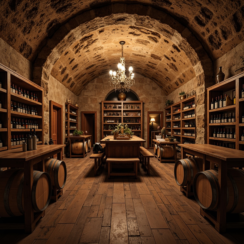 Prompt: Rustic wine cellar, earthy stone walls, wooden barrel racks, dim warm lighting, rich wood tones, vintage wine bottles, elegant chandeliers, ornate metalwork, distressed wooden floors, natural rock formations, ambient shadows, soft focus, 1/1 composition, realistic textures, subtle color grading.