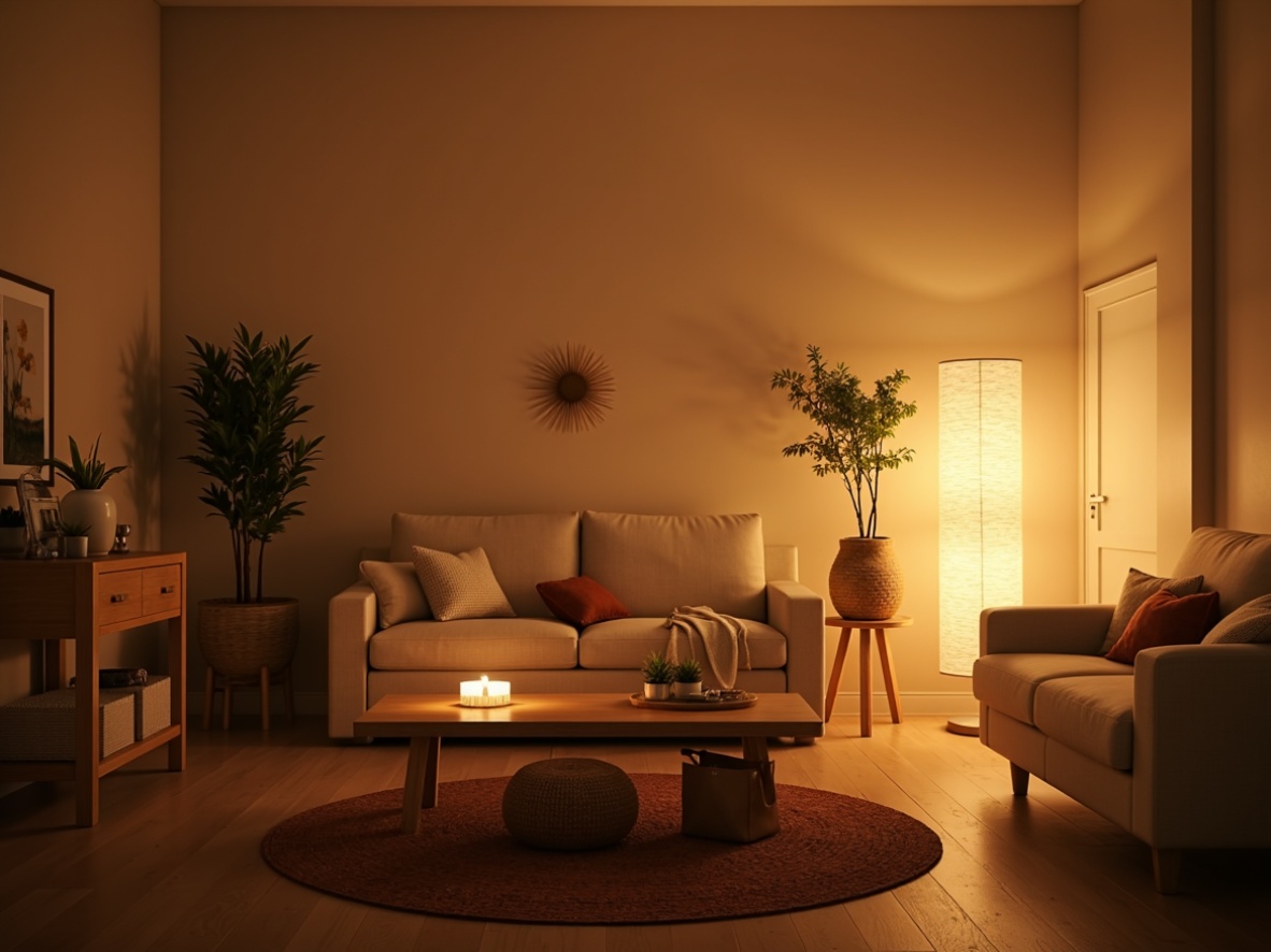 Prompt: Soft warm glow, cozy atmosphere, calming color palette, gentle candlelight, floor lamps, table lamps, LED strips, dimmable lighting, warm beige walls, plush furniture, natural textiles, wood accents, greenery, peaceful botanicals, misty morning light, shallow depth of field, 1/1 composition, warm color temperature, subtle shading, ambient occlusion.