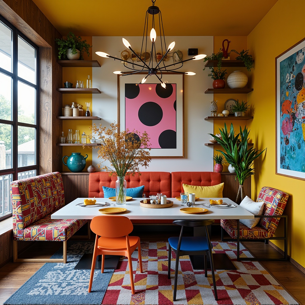 Prompt: Vibrant postmodern breakfast nook, eclectic mix of vintage and modern furniture, bold color blocking, playful patterns, ornate metal frames, distressed wood accents, curvaceous silhouettes, oversized decorative lighting, abstract artwork, geometric-shaped rugs, retro-inspired appliances, funky kitchen utensils, mismatched chairs, asymmetrical table arrangements, whimsical decorative accessories, warm cozy ambiance, soft natural lighting, shallow depth of field, 1/2 composition, realistic textures.