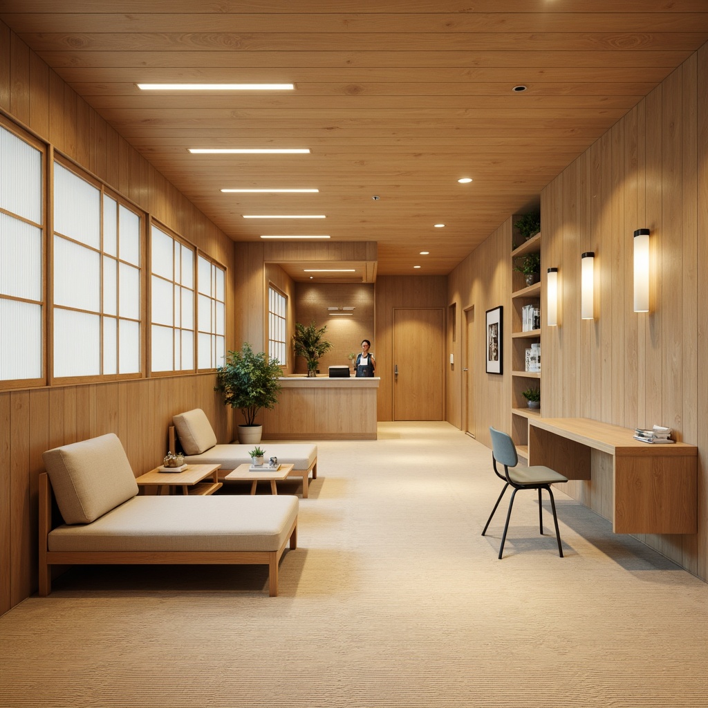 Prompt: Soothing clinic interior, natural wood tones, minimal ornamentation, low-seating sofas, sleek coffee tables, sliding shoji screens, tatami-inspired flooring, calming greenery, subtle lighting fixtures, warm beige walls, cultural Asian accents, traditional Japanese patterns, serene ambiance, gentle color palette, functional furniture layout, comfortable patient seating, elegant wooden desks, simple metal chairs, peaceful waiting area, natural stone reception counter, soft diffused lighting, shallow depth of field, 1/1 composition, realistic textures, ambient occlusion.