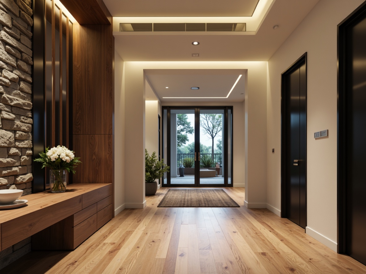 Prompt: Modern entrance hall, sleek glass doors, polished chrome hardware, minimalist decor, neutral beige walls, rich walnut wood flooring, bold black accents, subtle cream trim, natural stone feature wall, LED ambient lighting, soft warm glow, 1/1 composition, shallow depth of field, realistic textures, ambient occlusion.