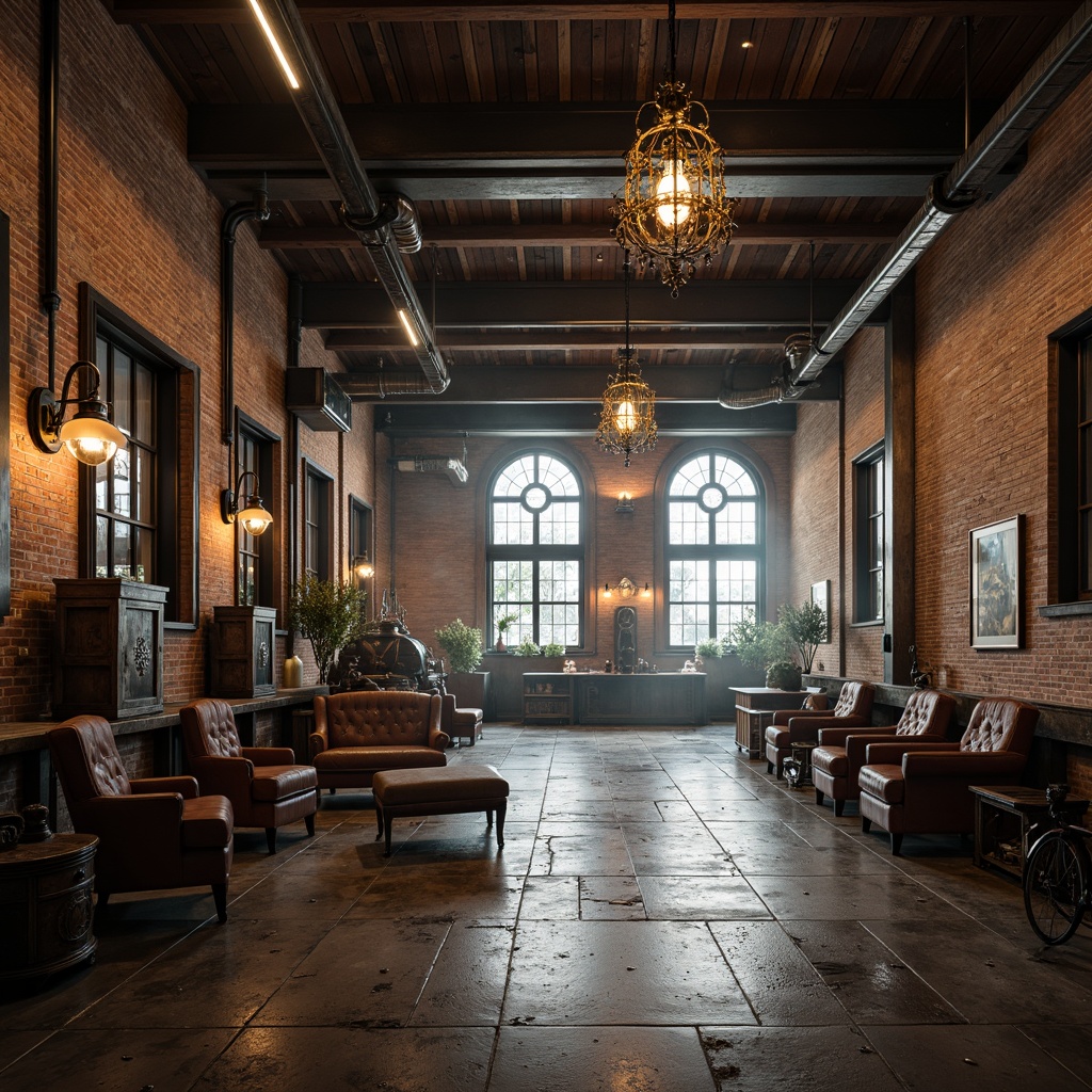 Prompt: Rustic warehouse interior, exposed brick walls, raw concrete floors, metal beams, industrial pipes, reclaimed wood accents, distressed textures, vintage machinery, worn leather furniture, ornate ironwork, grand chandeliers, stained glass windows, dim warm lighting, atmospheric fog, 1/1 composition, cinematic perspective, realistic reflections.